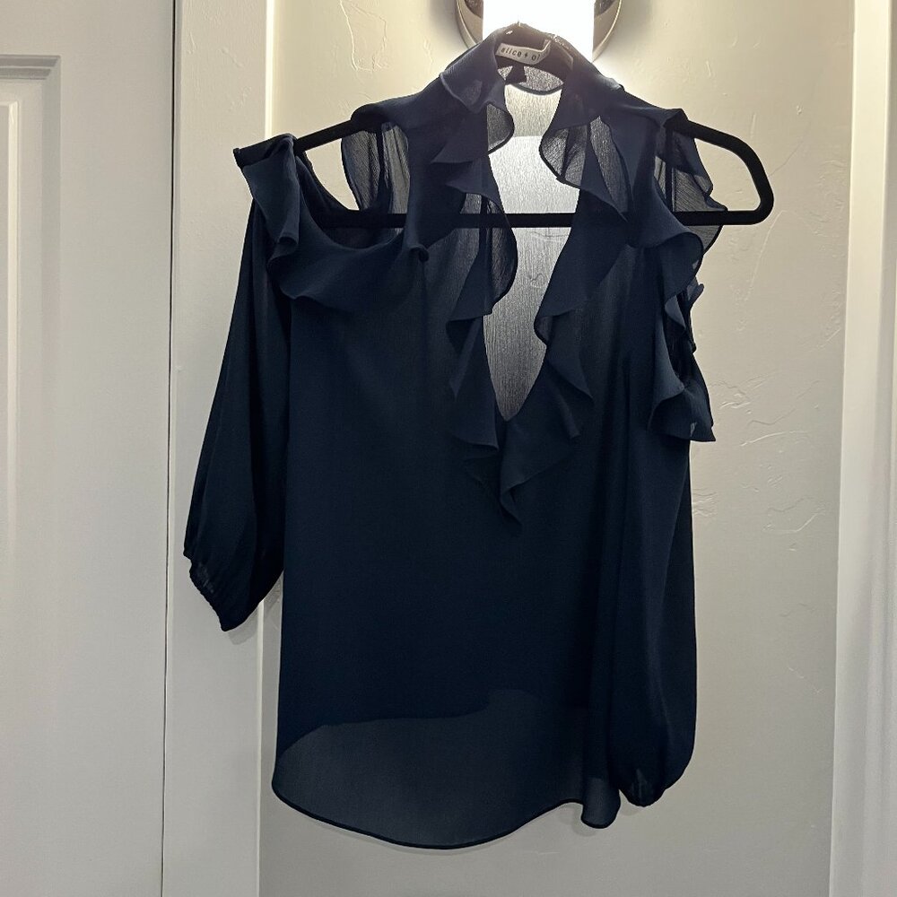 Alice + Olivia Navy Blue Open Shoulder Ruffled Blouse Size S/P